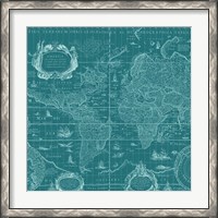 Framed Blueprint World Map, teal