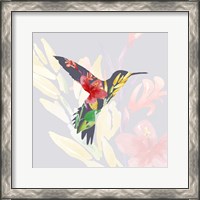 Framed Grey Floral Hummingbird