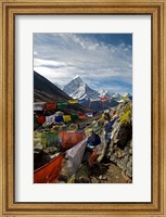 Framed Prayer flags, Everest Base Camp Trail, peak of Ama Dablam, Nepal