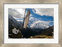 Framed Prayer flags on ridge above Dole, peak of Ama Dablam, Nepa,