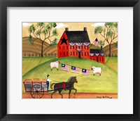 Framed Primitive Americana Sheep with Horse and Wagon