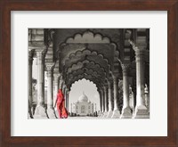 Framed Woman in traditional Sari walking towards Taj Mahal (BW)
