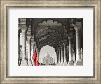 Framed Woman in traditional Sari walking towards Taj Mahal (BW)