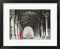 Framed Woman in traditional Sari walking towards Taj Mahal (BW)