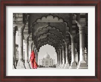 Framed Woman in traditional Sari walking towards Taj Mahal (BW)
