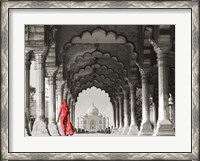 Framed Woman in traditional Sari walking towards Taj Mahal (BW)