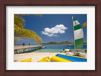 Framed Jetty, boats and hobie cat, Plantation Island Resort, Malolo Lailai Island, Mamanuca Islands, Fiji
