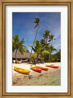 Framed Kayak on the beach, and waterfront bure, Mamanuca Islands, Fiji
