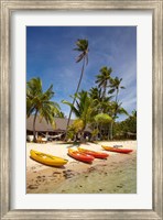 Framed Kayak on the beach, and waterfront bure, Mamanuca Islands, Fiji