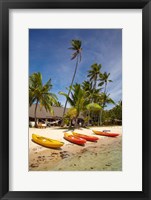 Framed Kayak on the beach, and waterfront bure, Mamanuca Islands, Fiji