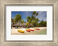 Framed Kayak on the beach, and waterfront bure, Plantation Island Resort, Malolo Lailai Island, Mamanuca Islands, Fiji