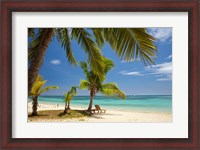 Framed Beach, palm trees and lounger, Plantation Island Resort, Malolo Lailai Island, Mamanuca Islands, Fiji