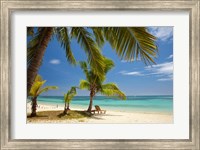 Framed Beach, palm trees and lounger, Plantation Island Resort, Malolo Lailai Island, Mamanuca Islands, Fiji