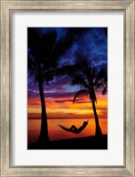 Framed Woman in hammock, and palm trees at sunset, Coral Coast, Viti Levu, Fiji