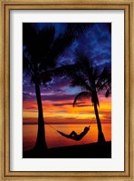 Framed Woman in hammock, and palm trees at sunset, Coral Coast, Viti Levu, Fiji