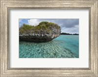Framed Fiji, Island of Fulanga. Lagoon inside volcanic caldera. Mushroom islets, limestone formations.