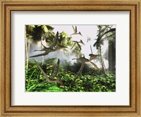 Framed flock of Pterodactylus reptiles fly over the jungle searching for their next meal