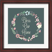 Framed Bless Our Home Floral Teal