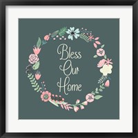 Framed Bless Our Home Floral Teal