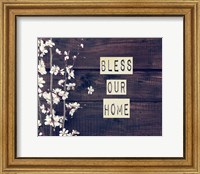 Framed Bless Our Home Flowers on Wood Background