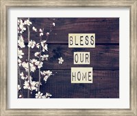 Framed Bless Our Home Flowers on Wood Background