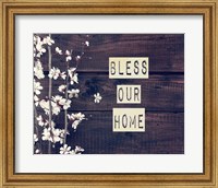 Framed Bless Our Home Flowers on Wood Background