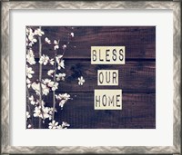 Framed Bless Our Home Flowers on Wood Background