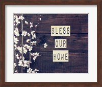 Framed Bless Our Home Flowers on Wood Background