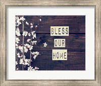 Framed Bless Our Home Flowers on Wood Background