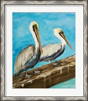 Framed Two Pelicans on Dock Rail