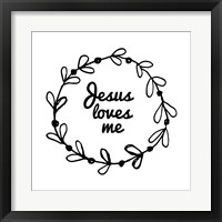 Framed 'Jesus Loves Me - Wreath Doodle White' border=