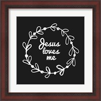 Framed 'Jesus Loves Me - Wreath Doodle Black' border=