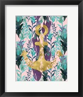 Framed Teal Florals Gold Anchor