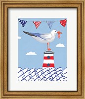 Framed Coastal Bird I Flags on Blue