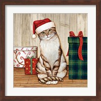 Framed Christmas Kitty on Planked Wood