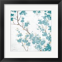 Framed Teal Cherry Blossoms II on Cream Aged no Bird