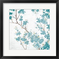 Framed 'Teal Cherry Blossoms II on Cream Aged no Bird' border=