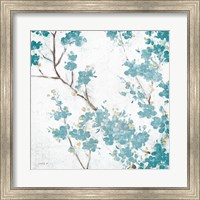 Framed Teal Cherry Blossoms II on Cream Aged no Bird