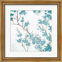 Framed Teal Cherry Blossoms II on Cream Aged no Bird