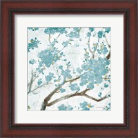 Framed Teal Cherry Blossoms I on Cream Aged no Bird