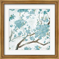 Framed Teal Cherry Blossoms I on Cream Aged no Bird