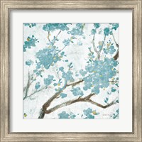 Framed 'Teal Cherry Blossoms I on Cream Aged no Bird' border=