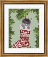 Framed Grey Kitten in Christmas Stocking