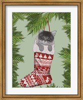 Framed Grey Kitten in Christmas Stocking