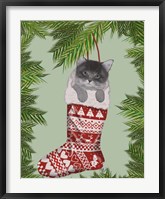 Framed Grey Kitten in Christmas Stocking