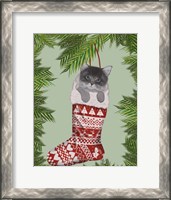 Framed Grey Kitten in Christmas Stocking