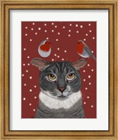 Framed Grey Cat and Robins