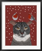 Framed Grey Cat and Robins