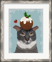 Framed Grey Cat and Christmas Pudding