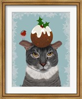 Framed Grey Cat and Christmas Pudding